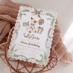 One Silly Goose 1st Birthday Beige & Brown Bow Invitation