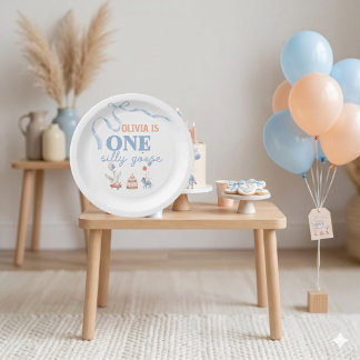 One Silly Goose 1st Birthday Blue Pink Pastel Paper Plate
