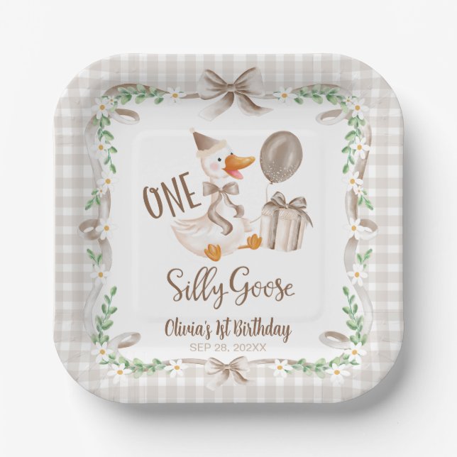 One Silly Goose 1st Birthday Brown Bow Tableware Paper Plate (Front)