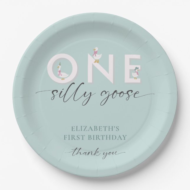 One Silly Goose 1st Birthday Cute Paper Plate (Front)