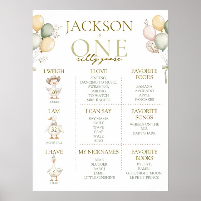 One Silly Goose 1st Birthday Milestones Sign (Front)