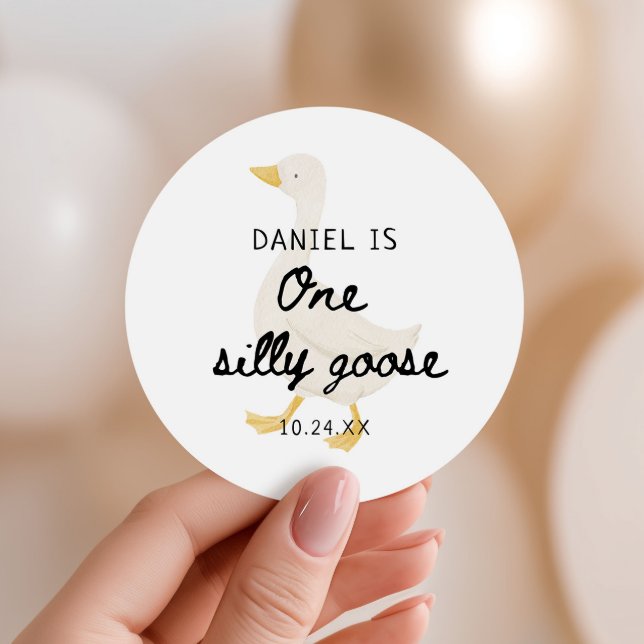 One Silly Goose 1st Birthday Party Favour Classic Round Sticker (Creator Uploaded)