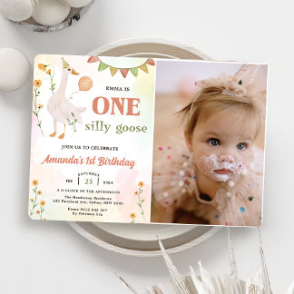 One Silly Goose 1st Birthday Party Photo  Invitation