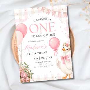 One Silly Goose 1st Birthday Pink Bow Girl Party Invitation