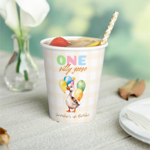 One Silly Goose 1st Birthday Yellow gingham plaid  Paper Cups