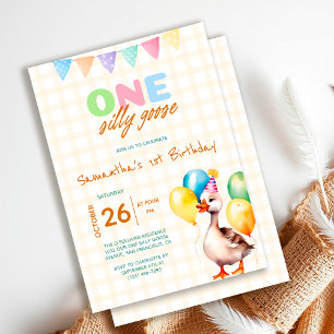 One Silly Goose 1st Birthday Yellow Plaid Invitation