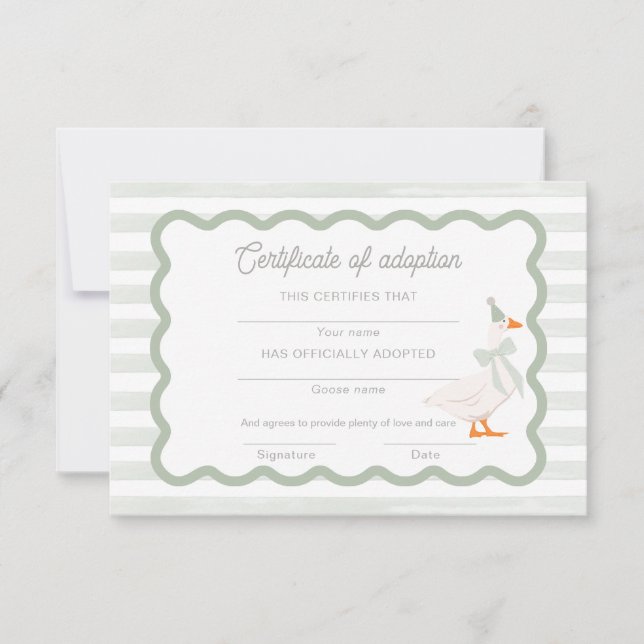 One Silly Goose Adopt a Stuffie Certificate Card (Front)