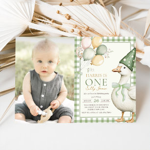 One Silly Goose Balloon Gingham 1st Birthday Photo Invitation