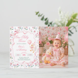 One Silly Goose Balloon Girl 1st Birthday Photo Invitation