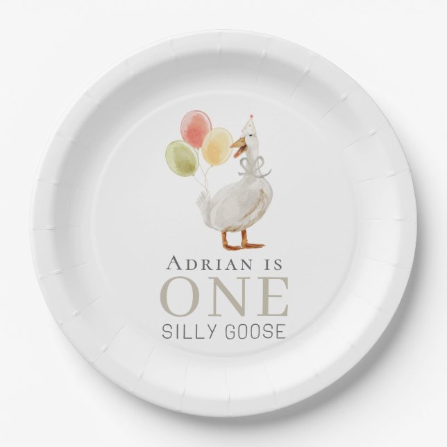 One Silly Goose Beige 1st Birthday Paper Plate (Front)