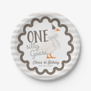 One Silly Goose Beige Bow 1st Birthday Paper Plate