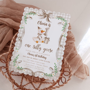 One Silly Goose Beige Brown Bow 1st Birthday Invitation