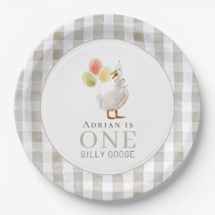 One Silly Goose Beige Gingham 1st Birthday Paper Plate