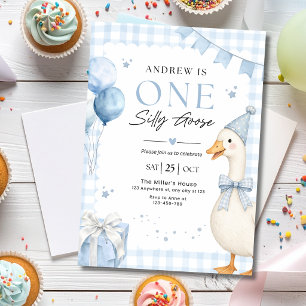 One Silly Goose Birthday Blue Gingahm Boy Party Invitation