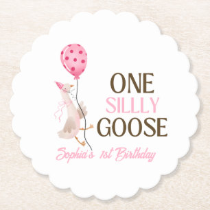 One Silly Goose Birthday, Girl 1st Birthday Pink Paper Coaster