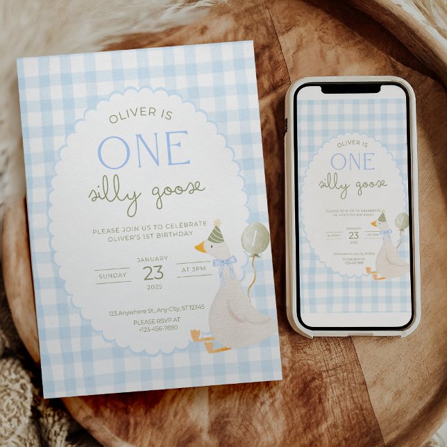One Silly Goose Birthday Invite Blue Gingham (Creator Uploaded)