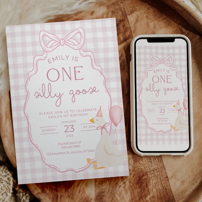 One Silly Goose Birthday Invite Pink Gingham (Creator Uploaded)