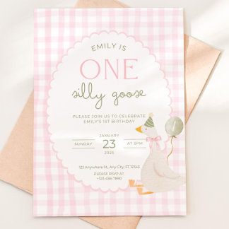 One Silly Goose Birthday Invite Pink Gingham First