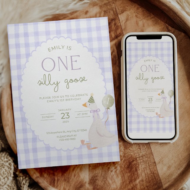 One Silly Goose Birthday Invite Purple Gingham (Creator Uploaded)