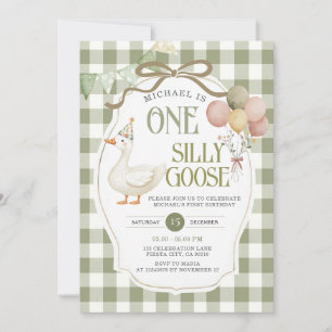 One Silly Goose Birthday Sage Green Gingham Invitation