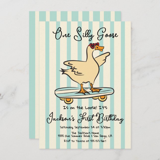 One Silly Goose Birthday skateboard Invitation (Front/Back)
