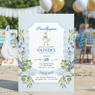 One Silly Goose Blue 1st Birthday Invitation