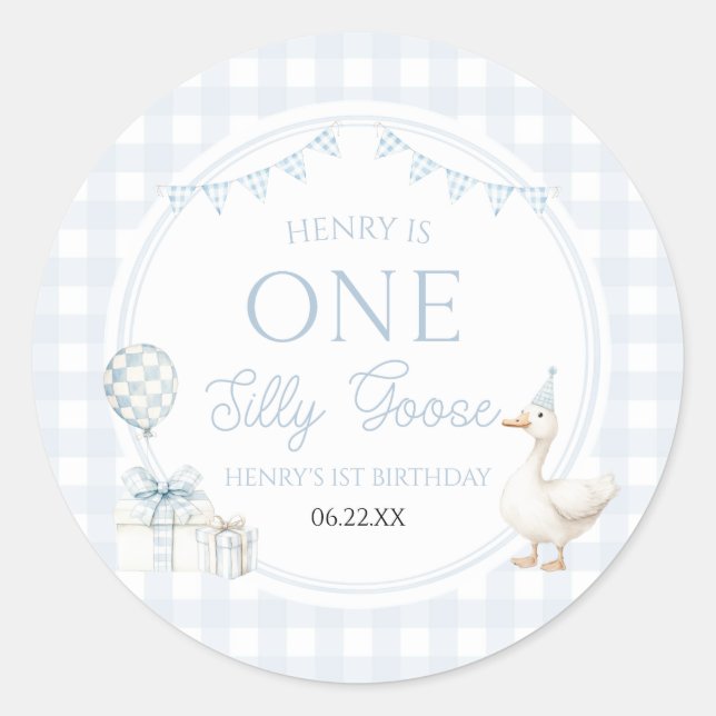 ONE Silly Goose Blue 1st Birthday Party Classic Round Sticker (Front)