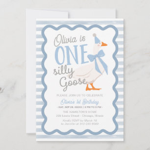 One Silly Goose Blue Bow 1st Birthday Invitation