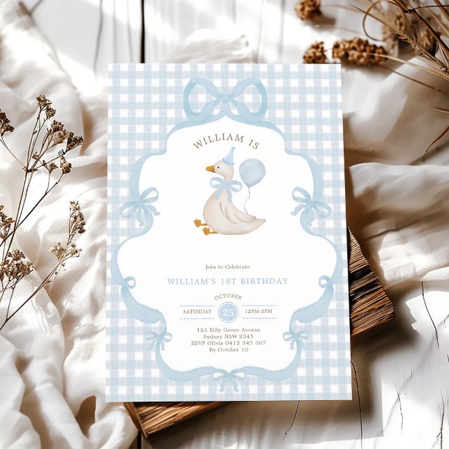 One Silly Goose Blue Bow 1st Birthday Invitation (Creator Uploaded)