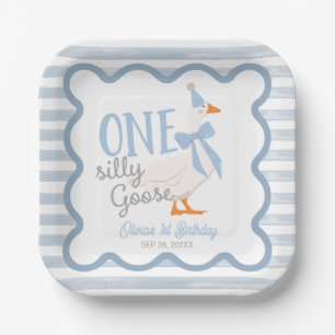 One Silly Goose Blue Bow 1st Birthday Paper Plate