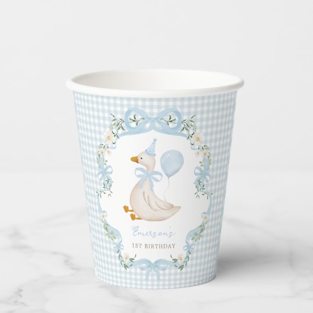 One Silly Goose Blue Bow Balloon 1st Birthday Paper Cups (Front)