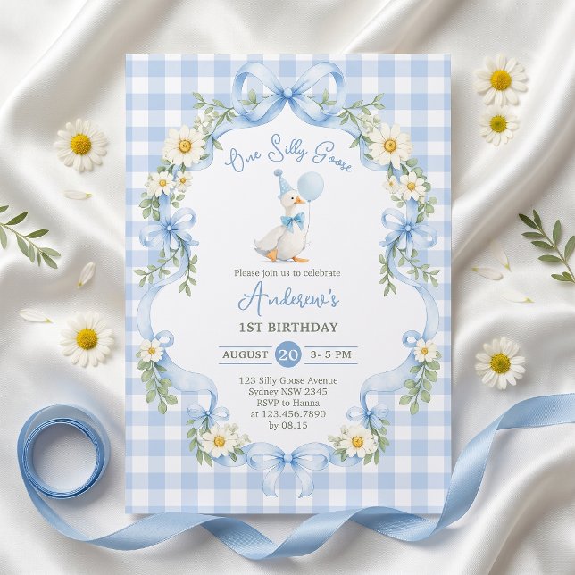 One Silly Goose Blue Bow Birthday Invitation (Creator Uploaded)