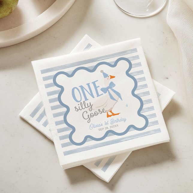 One Silly Goose Blue Bow Boy 1st Birthday Napkin (Creator Uploaded)