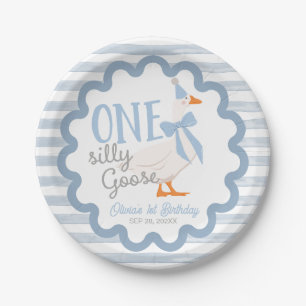 One Silly Goose Blue Bow Boy 1st Birthday Paper Plate