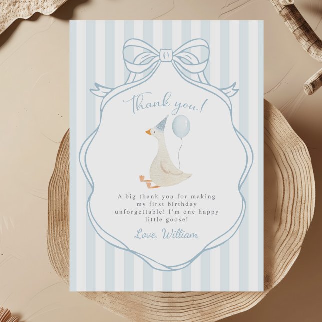 One Silly Goose Blue Bow First Birthday Thank You Card (Creator Uploaded)