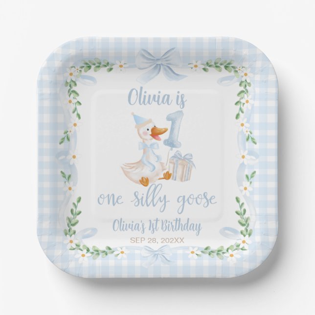 One Silly Goose Blue Bow Floral 1st Birthday Paper Plate (Front)