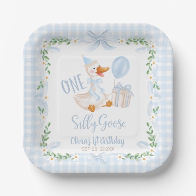 One Silly Goose Blue Bow Floral 1st Birthday Paper Plate (Front)