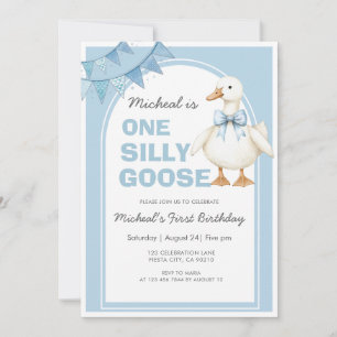 One Silly Goose Blue Boy 1st Birthday Blue  Invitation
