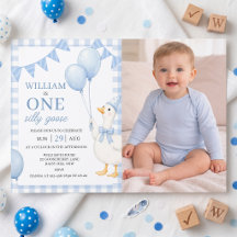 One Silly Goose Blue Boy 1st Birthday Invitation