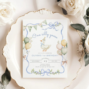 One Silly Goose Blue Boy 1st Birthday Invitation