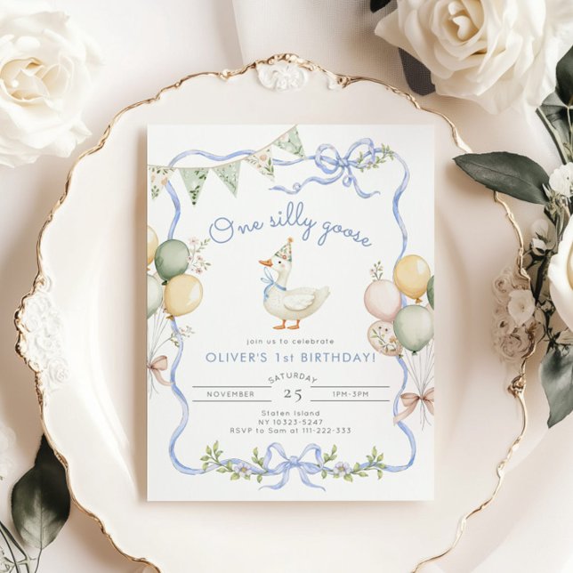 One Silly Goose Blue Boy 1st Birthday Invitation (Creator Uploaded)