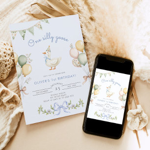 One Silly Goose Blue Boy 1st Birthday Invitation