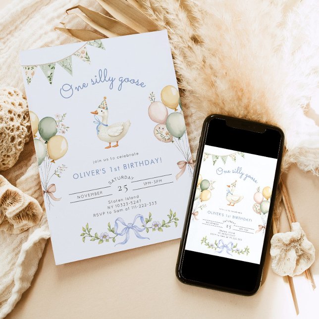 One Silly Goose Blue Boy 1st Birthday Invitation (Creator Uploaded)