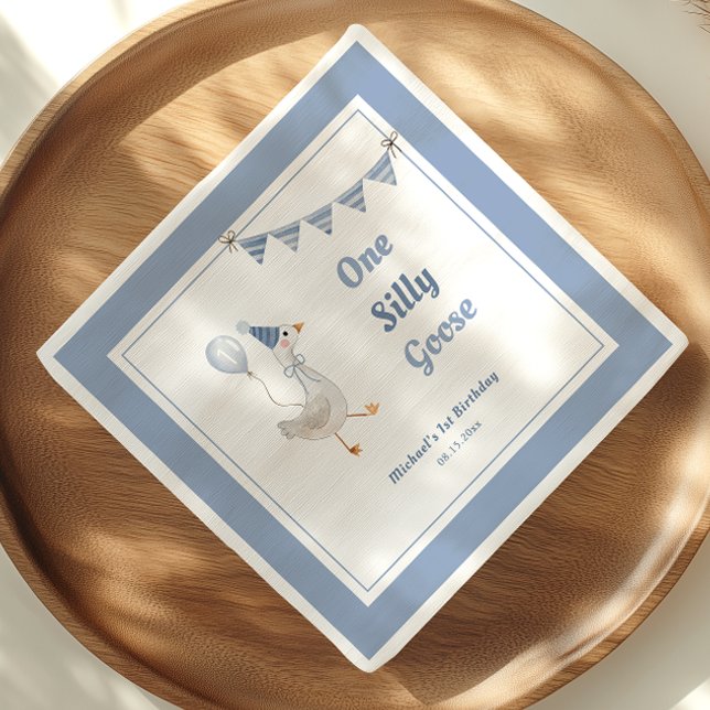 One Silly Goose Blue Boy 1st Birthday Napkin (Creator Uploaded)
