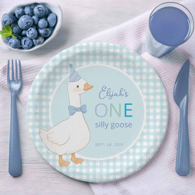 One Silly Goose Blue Boy First Birthday Party Hat Paper Plate (Creator Uploaded)