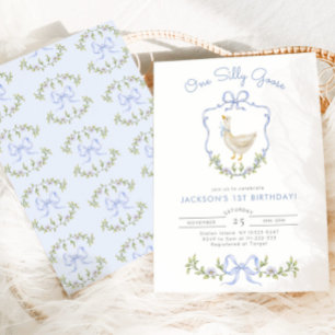One Silly Goose Blue crest Boy 1st BIrthday Invitation