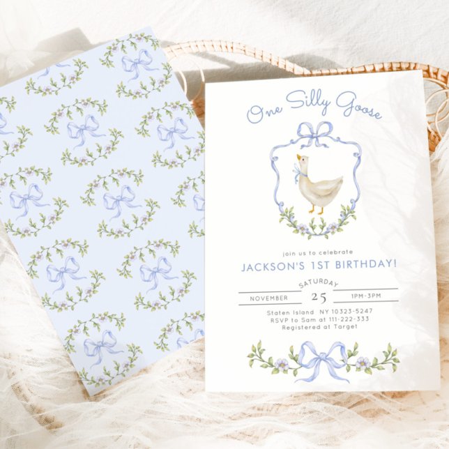 One Silly Goose Blue crest Boy 1st BIrthday Invitation (Creator Uploaded)