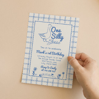 One Silly Goose Blue Drawn 1st Boy Birthday  Invitation