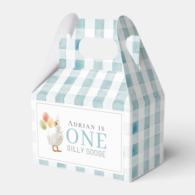 One Silly Goose Blue Gingham 1st Birthday Favour Box (Front Side)