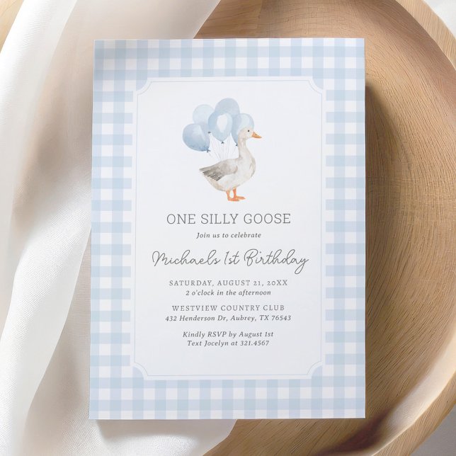 One Silly Goose Blue Gingham 1st Birthday Invitation (Creator Uploaded)